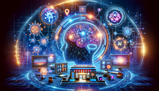 A imagem incorpora elementos como redes digitais um cérebro de IA símbolos de negócios de franquia e interfaces de tecnologia avançada refletindo inovação e competitividade no mercado