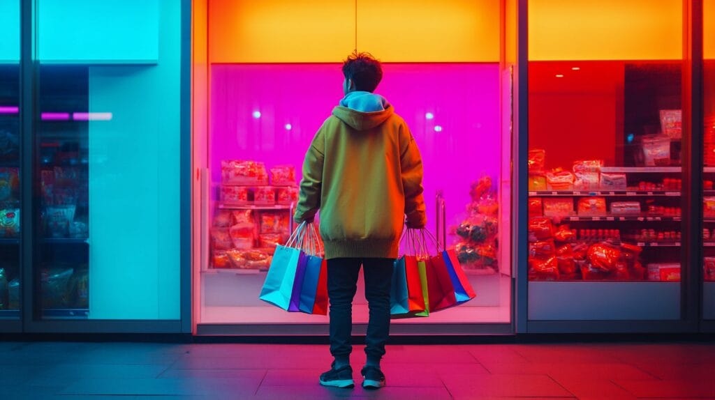 Homem olhando para uma vitrine colorida à noite, segurando sacolas de compras.