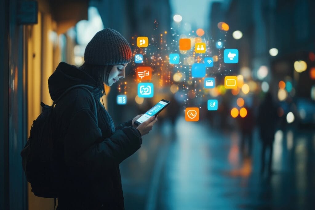 Mulher em uma cidade olhando um celular com elementos de mídias sociais flutuando ao seu redor