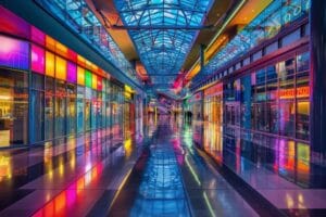 Interior de um shopping com lojas de diversas cores