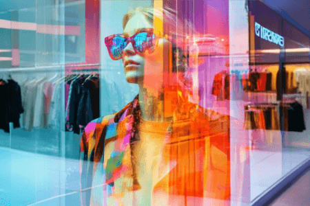 Mulher de óculos escuros com elementos coloridos, olhando apra frente, de costas para uma loja de esquina de shopping