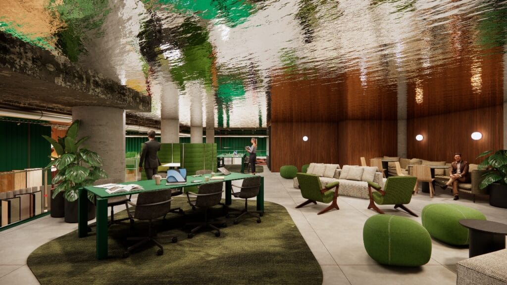 Pavimento superior com área de co-working no mezanino - Foto: DEXCO Pavimento superior com área de co-working no mezanino - Foto: DEXCO