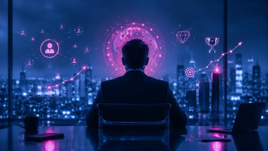 Executivo de costas em sala à noite com globo digital, gráficos de crescimento e ícones de rede, representando a autoridade digital do CEO no valuation