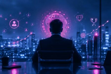 Executivo de costas em sala à noite com globo digital, gráficos de crescimento e ícones de rede, representando a autoridade digital do CEO no valuation