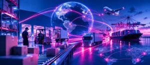 Operação industrial e logística de supply chain conectada a uma rede de lojas, ilustrando a cadeia de abastecimento como motor do franchising chinês