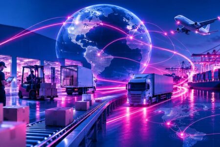 Operação industrial e logística de supply chain conectada a uma rede de lojas, ilustrando a cadeia de abastecimento como motor do franchising chinês